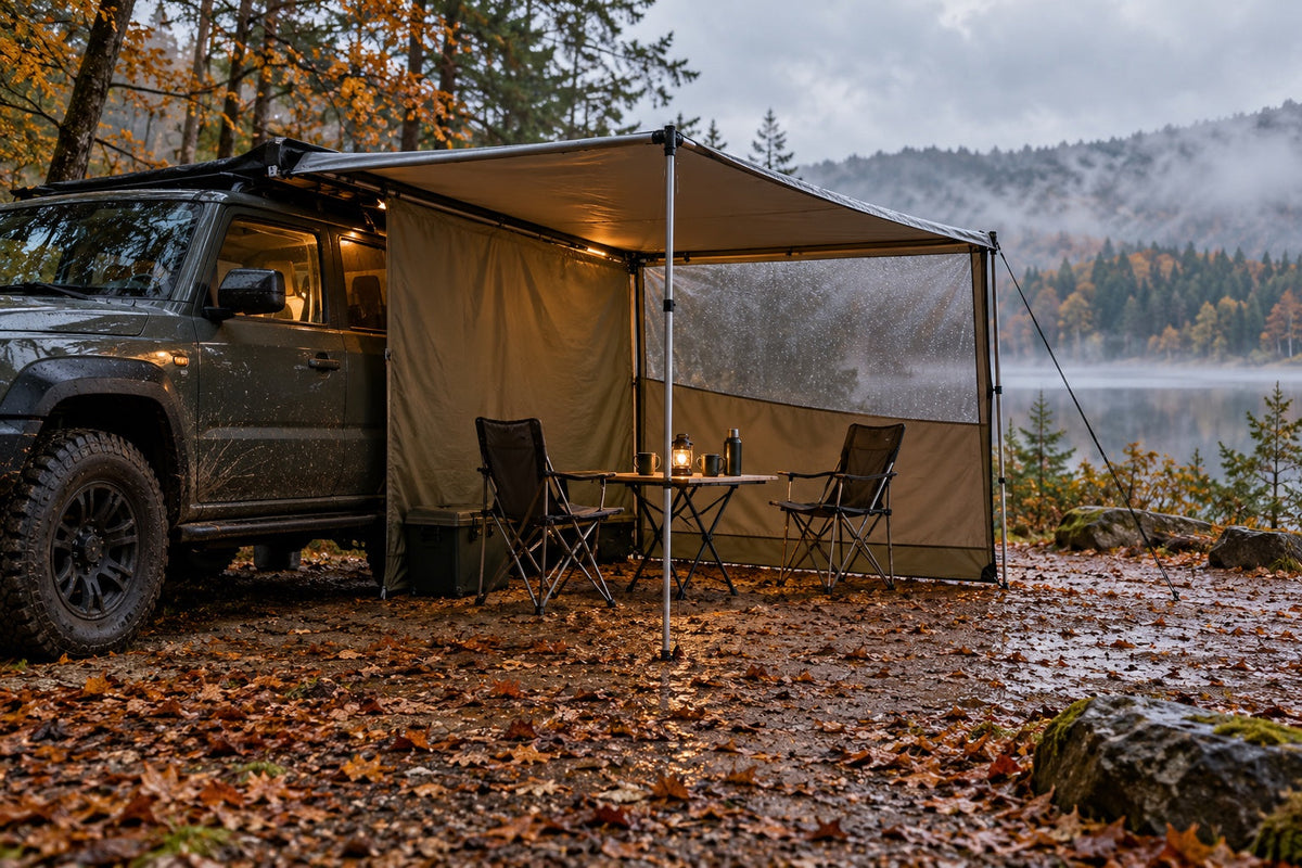 Generische Fahrzeugmarkise mit Seiten- und Frontschutz an einem herbstlichen Campingplatz nach Regen