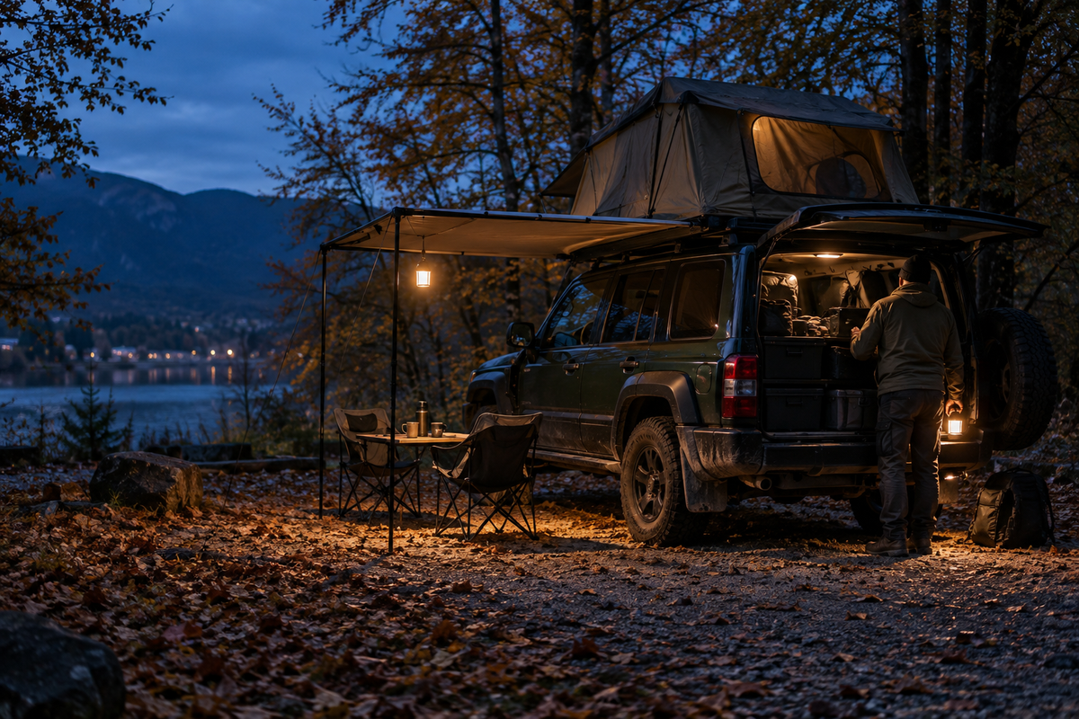 Herbstliches Overlanding-Camp bei Dämmerung mit Licht am Dachzelt, unter der Markise und am Fahrzeugheck