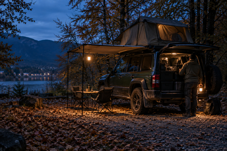 Herbstliches Overlanding-Camp bei Dämmerung mit Licht am Dachzelt, unter der Markise und am Fahrzeugheck