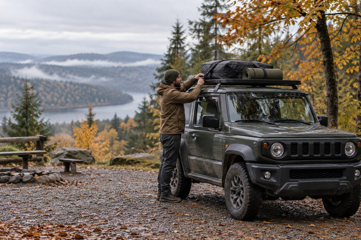 Overlanding-Fahrzeug im Herbst; ein Reisender prüft die gesicherte Ausrüstung auf dem Dachträger