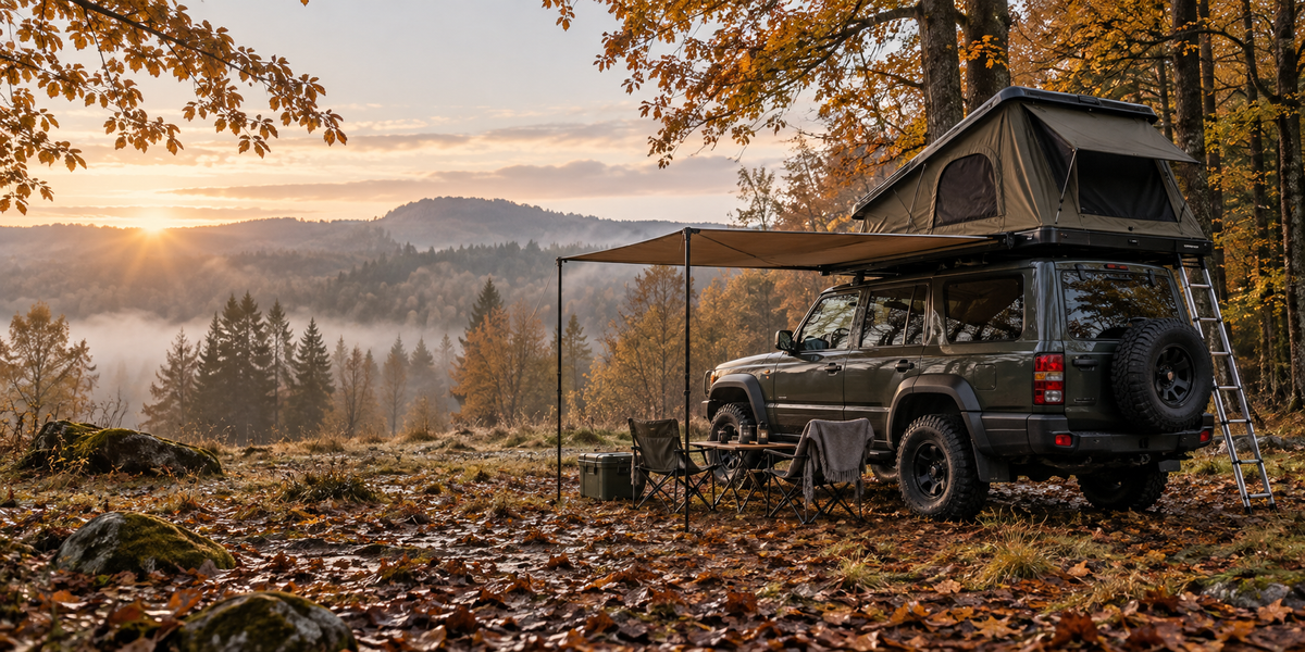 Illustration: Geländewagen mit Dachzelt und Markise an einem herbstlichen Morgen