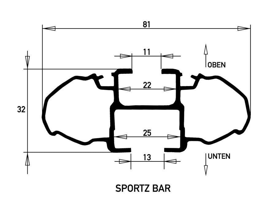 Rhino Rack Sportz Querträger Zeichnung mit Abmessungen