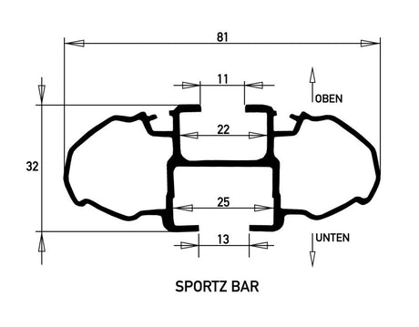Rhino Rack Sportz Querträger Zeichnung mit Abmessungen